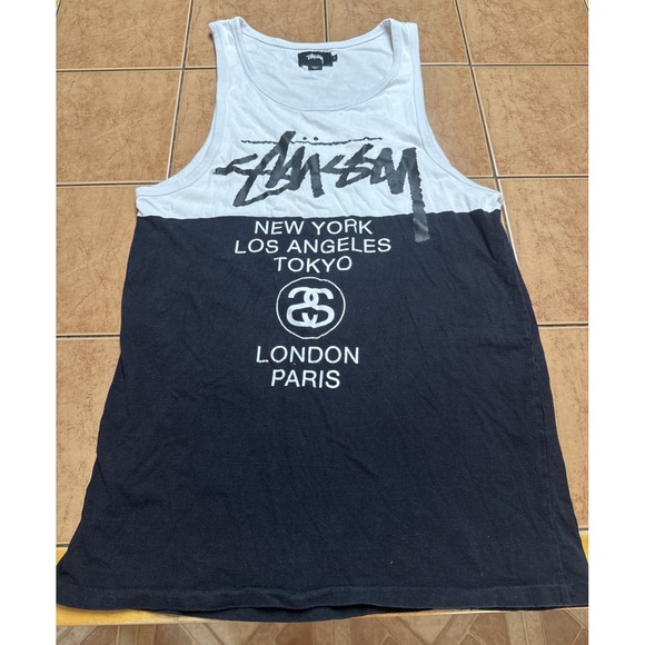 Stussy Cities World Tour Black White Spell Out Tank Top Shirt‎ Sz Small - Picture 1 of 6